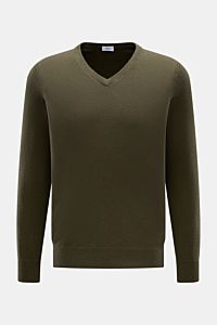 von Braun Cashmere V-Neck Pullover dark olive, slim Fit, V-Ausschnitt, feines Strickbild, elastische Rippbündchen, Frontansicht, reiner Cashmere, sehr weicher Griff.