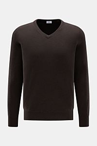 von Braun Cashmere V-Neck Pullover dunkelbraun, Slim Fit, aus reinem Cashmere mit feinem Strickbild, V-Ausschnitt und elastischen Rippbündchen, frontal fotografiert.