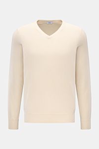 von Braun Cashmere V-Neck Pullover creme, frontal fotografiert, Slim Fit mit V-Ausschnitt, aus reinem, weichem Cashmere mit feinem Strickbild und elastischen Rippbündchen.