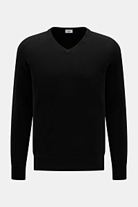 von Braun Cashmere V-Neck Pullover schwarz, Slim Fit, aus reinem mongolischem Cashmere, sehr weich, feines Strickbild, elastische Rippbündchen, frontal fotografiert.