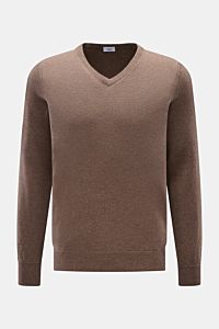 von Braun Cashmere V-Neck Pullover graubraun meliert, Slim Fit, V-Ausschnitt, feines Strickbild, elastische Rippbündchen, frontal fotografiert, reiner Cashmere