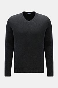 von Braun Cashmere V-Neck Pullover dunkelgrau meliert, frontale Ansicht, Slim Fit, reiner mongolischer Cashmere, sehr weich, mittelfeines Strickbild, V-Ausschnitt, elastische Rippbündchen.