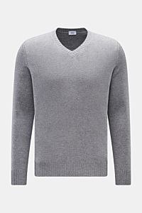 von Braun Cashmere V-Neck Pullover grau meliert, Slim Fit, mittelfeines Strickbild, elastische Rippbündchen, weicher Griff, frontal fotografiert mit V-Ausschnitt