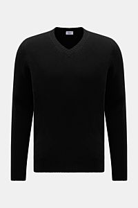 von Braun Cashmere V-Neck Pullover schwarz, frontal fotografiert, Slim Fit, reiner Cashmere, weicher Griff, mittelfeines Strickbild, V-Ausschnitt, elastische Rippbündchen.