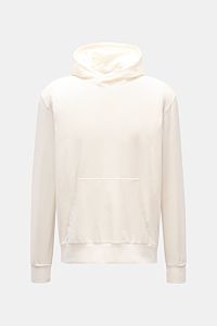 Front view of 04651/ A trip in a bag Kapuzenpullover 'IF Hoodie' offwhite made of brushed elastic cotton jersey with hood, ribbed cuffs, and kangaroo pocket.