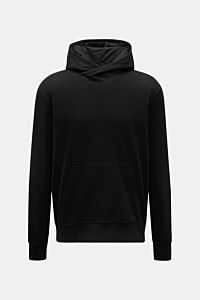 Front view of the 04651/ A trip in a bag Hooded jumper 'IF Hoodie' black in brushed jersey stretchy cotton, soft feel, regular fit, practical hood, ribbed bands, and side seam woven label.