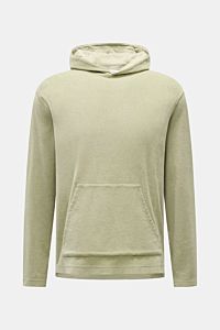 Front view of the 04651/ A trip in a bag Terry hooded jumper 'Terry' sage in soft pure cotton terrycloth with hood and kangaroo pocket.

Description: Comfort and coolness with summery nonchalance: The hooded jumper 'Terry' by 04651/ A TRIP IN A BAG mad