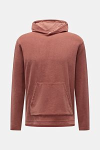 Front view of 04651/ A trip in a bag Terry hooded jumper 'Terry' rust brown, made of pure cotton terry with a soft feel, regular fit, practical hood, and small woven label in the side seam. Comfort and coolness with summery nonchalance: The hooded jumper 