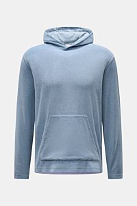 Front view of 04651/ A trip in a bag Terry hooded jumper 'Terry' smoky blue made of pure cotton terrycloth with soft feel, regular fit, practical hood, and small woven label in side seam; comfort and coolness with summery nonchalance for a relaxed beach v