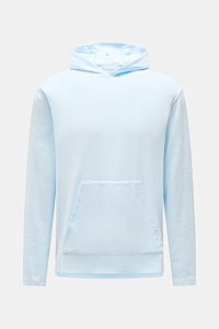 Front view of the 04651/ A trip in a bag Terry hooded jumper 'Terry' pastel blue made of soft pure cotton terrycloth, featuring a regular fit, practical hood, front kangaroo pocket, and a small woven label in the side seam. Comfort and coolness with summe