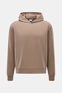 04651/ A trip in a bag Kapuzenpullover 'IF Hoodie' taupe, frontale Ansicht, aus weichem, elastischem Jersey mit Kapuze und Rippbündchen.