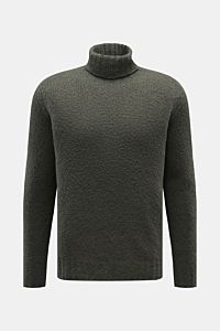 Front view of the 04651/ A trip in a bag Rollkragenpullover 'Chunky Turtle' dunkelgrün, a dark green slim fit turtleneck sweater with voluminous knit, soft texture, ribbed cuffs, made from virgin wool and high-quality microfiber, a stylish winter essentia