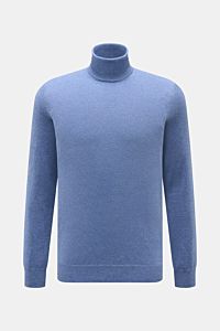 von Braun Cashmere Rollkragenpullover blau meliert, Slim Fit, fein gestrickt aus reinem, weichem Cashmere, frontal fotografiert mit anliegendem Rollkragen und elastischen Rippbündchen.