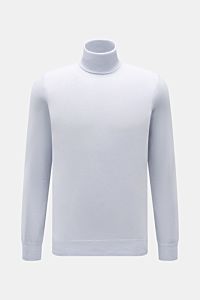 von Braun Cashmere Rollkragenpullover pastellblau, frontal fotografiert, Slim Fit, feines Strickbild, reiner Cashmere, weicher Griff, elastische Rippbündchen, anliegender Rollkragen.