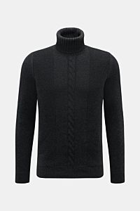 Von vorn fotografierter von Braun Cashmere Rollkragenpullover anthrazit meliert, Slim Fit, reiner Cashmere, weicher Griff, Links- und Zopfstrickmuster, anliegender Rollkragen, flexible Rippbündchen.