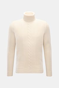 von Braun Cashmere Rollkragenpullover offwhite, frontale Ansicht, Slim Fit mit anliegendem Rollkragen, Linksstrick- und Zopfmuster, reiner, weicher Cashmere aus Innerer Mongolei
