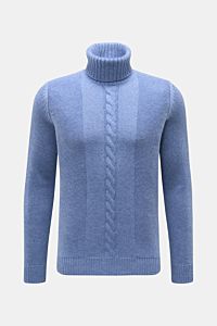 Von vorne fotografierter von Braun Cashmere Rollkragenpullover blau meliert aus reinem Cashmere mit Zopf- und Linksstrickmuster, Slim Fit.
