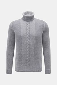 von Braun Cashmere Rollkragenpullover grau, Slim Fit, reiner Cashmere, weicher Griff, mittelfeines Strickbild mit Links- und Zopfstrickmuster, frontal fotografiert.