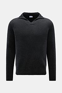 von Braun Cashmere Troyer dunkelgrau meliert, frontale Nahaufnahme, Regular Fit, Stehkragen mit offener Kragenleiste, sportiven Rippstrick-Details, reiner Cashmere, sehr weicher Griff, mittelfeines Strickbild, komfortable Rippbündchen, luxuriöse Cashmereq