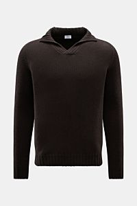von Braun Cashmere Troyer dunkelbraun, frontal fotografiert, mit Stehkragen, offener Kragenleiste, sportiven Rippstrick-Details, Regular Fit, reiner Cashmere, weicher Griff, mittelfeines Strickbild, komfortable Rippbündchen.