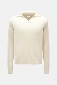 von Braun Cashmere Troyer creme, frontale Aufnahme, edler Pullover aus reinem Cashmere mit sportiven Rippstrick-Details, Stehkragen, Regular Fit, weich und wärmend