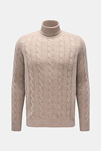 von Braun Cashmere Rollkragenpullover beige meliert in Frontansicht, softer Cashmere mit klassischem Zopfstrickmuster, Regular Fit, anliegender Rollkragen, flexible Rippbündchen, sehr weicher Griff, ideal für Winterkomfort.