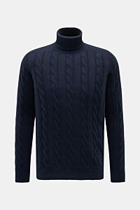 von Braun Cashmere Rollkragenpullover navy, frontal fotografiert, mit klassischem Zopfmuster, anliegendem Rollkragen, Regular Fit, weichem Cashmere aus Innerer Mongolei, flexiblen Rippbündchen.