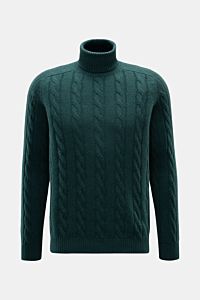 Von vorn fotografierter von Braun Cashmere Rollkragenpullover dunkelgrün mit zeitlosem Zopfstrickmuster, Regular Fit, anliegendem Rollkragen und flexiblen Rippbündchen, aus weichem, reinem Cashmere aus der inneren Mongolei, komfortabel durch die Winterzei