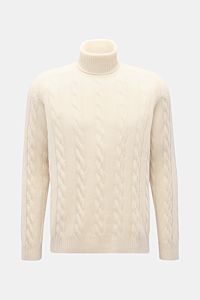 von Braun Cashmere Rollkragenpullover creme, frontal fotografiert, mit zeitlosem Zopfstrickmuster, anliegendem Rollkragen, flexible Rippbündchen, Regular Fit, sehr weicher Griff, reiner Cashmere aus innerer Mongolei.