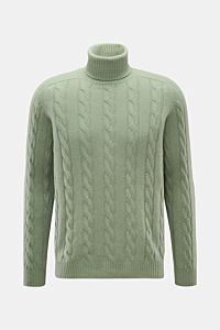 von Braun Cashmere Rollkragenpullover graugrün, frontale Ansicht, softer, reiner Cashmere mit zeitlosem Zopfstrickmuster, Regular Fit, anliegender Rollkragen, flexible Rippbündchen, sehr weicher Griff, ideal für Winterkomfort.