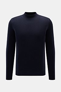 von Braun Cashmere Mock Neck Pullover navy, frontal fotografiert, Slim Fit mit weichem Griff, edlem Strukturstrick, mittelfeinem Strickbild, Ripp-Mock Neck und komfortablen Rippbündchen aus reinem mongolischem Cashmere.