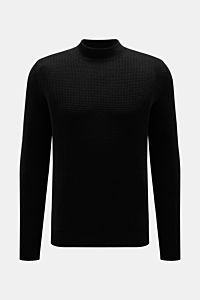 Schwarz fotografierter von Braun Cashmere Mock Neck Pullover aus reinem mongolischem Cashmere, edler Strukturstrick, Slim Fit, Rippbündchen.