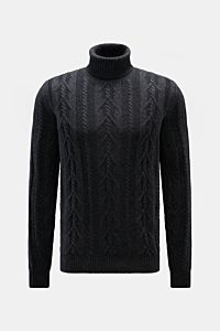 von Braun Cashmere Rollkragenpullover dunkelgrau meliert, frontal fotografiert, Slim Fit mit zeitlosem Zopfstrickmuster, reiner, sehr weicher Cashmere, anliegender Rollkragen und flexible Rippbündchen.