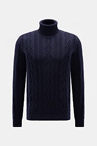 Frontansicht des von Braun Cashmere Rollkragenpullovers navy mit edlem Zopfstrickmuster, Slim Fit, anliegendem Rollkragen und flexiblen Rippbündchen.