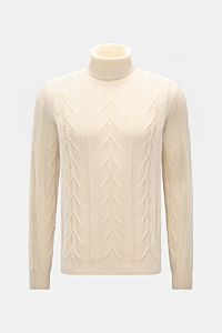 Von vorne fotografierter von Braun Cashmere Rollkragenpullover offwhite mit Slim Fit, anliegendem Rollkragen und zeitlosem Zopfstrickmuster.