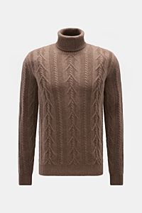 von Braun Cashmere Rollkragenpullover braun meliert, Frontansicht, Slim Fit mit Zopfstrickmuster, reiner Cashmere, weicher Griff, anliegender Rollkragen