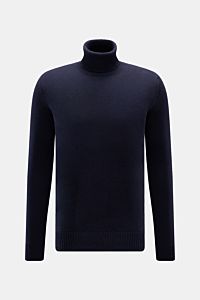 Von vorne fotografierter von Braun Cashmere Rollkragenpullover navy aus reiner, weicher Mongolei-Cashmere mit Regular Fit, mittelfeinem Strickbild, anliegendem Rollkragen und Rippbündchen.