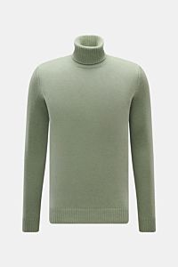 von Braun Cashmere Rollkragenpullover graugrün, frontale Nahaufnahme, mittelfeines Strickbild, Regular Fit, anliegender Rollkragen, weicher Griff, Rippbündchen, reiner Cashmere