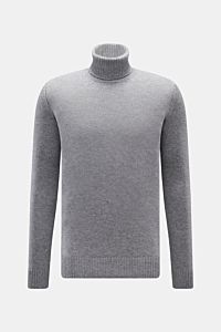 von Braun Cashmere Rollkragenpullover grau meliert, frontal fotografiert, mittelfeiner Strick, reiner Cashmere, weicher Griff, Regular Fit, anliegender Rollkragen, Rippbündchen, edler Alltagspullover.