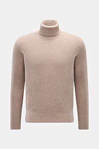 von Braun Cashmere Rollkragenpullover beige meliert, frontale Ansicht, Slim Fit, mittelfeiner Strukturstrick, weicher Griff, Rippstrick Rollkragen und Bündchen, reiner mongolischer Cashmere