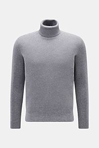 von Braun Cashmere Rollkragenpullover grau meliert, Slim Fit, mittelfeiner Strukturstrick, reiner mongolischer Cashmere, Rippstrick-Rollkragen und Bündchen, frontale Ansicht.