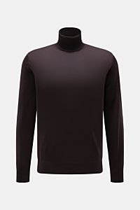 von Braun Merino Rollkragenpullover dunkelbraun, Slim Fit, aus reiner Merinowolle mit sehr feinem Strickbild, anliegendem Rollkragen und flexiblen Rippbündchen, frontale Aufnahme.