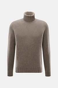 Front view of Fioroni Cashmere Rundhalspullover grau meliert turtleneck sweater, pure cashmere, very soft feel, medium-fine knit, slim fit, flexible ribbed cuffs. Souveräne Eleganz in ihrer luxuriösesten Form: Der Rollkragenpullover von FIORONI aus erlese