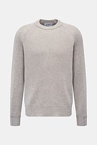 Front view of FTC Cashmere crew neck jumper grey mottled, featuring pure fair trade cashmere, OEKO-TEX® certified, very soft feel, medium-fine knit, slim fit, crew neck, raglan sleeves, and comfortable ribbed bands.