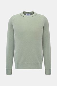 Front view of FTC Cashmere crew neck jumper grey-green, featuring pure fair trade cashmere, OEKO-TEX® certified, very soft feel, medium-fine knit, slim fit, crew neck, raglan sleeves, and comfortable ribbed bands.