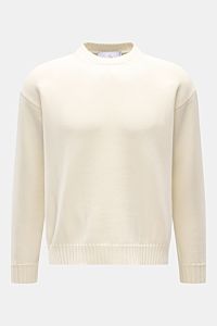 Ace Denim Merino Rundhalspullover creme, Slim Fit, reine Merinowolle, weicher Griff, Rundhalsausschnitt, breite Rippbündchen, frontale Ansicht.