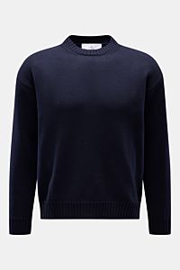 Ace Denim Merino Rundhalspullover navy, Slim Fit, reine Merinowolle, weicher Griff, Rundhalsausschnitt, breite Rippbündchen, frontale Ansicht.