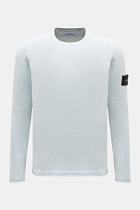 Stone Island Rundhalspullover pastellblau, frontale Ansicht, Slim Fit, Baumwoll-Microfaser-Mix, weicher Griff, feines Strickbild, Kompass-Badge, rollierte Saumkanten.