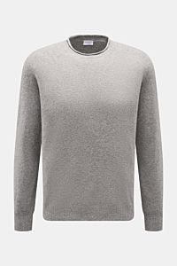 Front view of 04651/ A trip in a bag Crew neck jumper 'Boiled Crew' grey mottled, slim fit with crew neck, soft fine knit, wool and viscose blend, flexible ribbed bands. Stylish comfort for cold days with timeless elegance and warm feel.