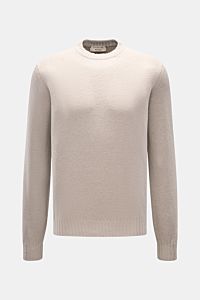 Fioroni Rundhalspullover beige, Slim Fit aus reiner Baumwolle mit mittelfeinem Strickbild, Rundhalsausschnitt, flexible Rippbündchen, frontal fotografiert.